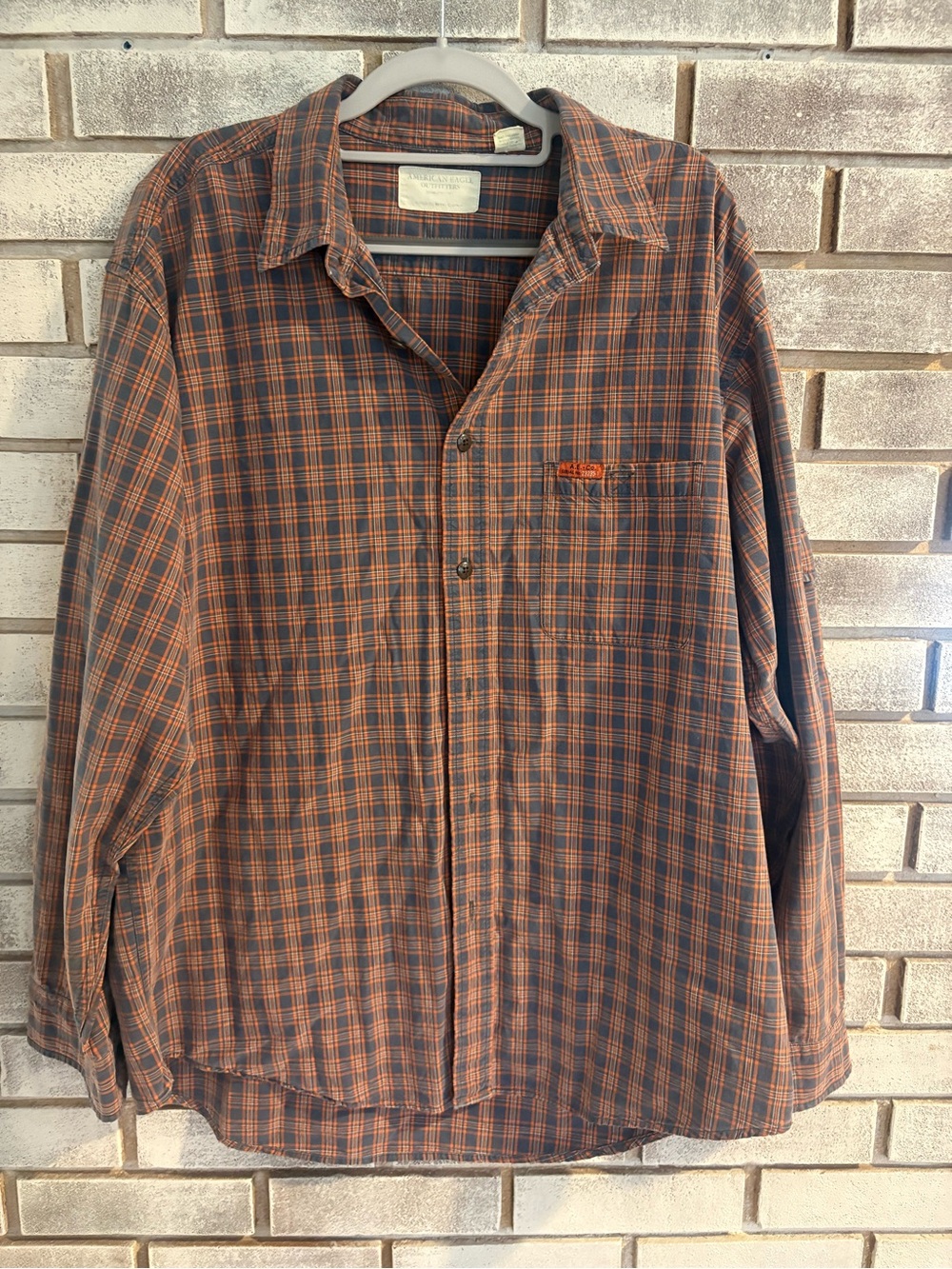 Vintage American Eagle Outfitters Plaid Button Up Shirt Blue Rust Orange